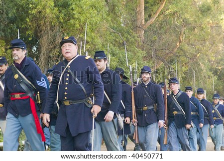 MOORPARK, CA - NOVEMBER 7: Soldiers march during a Civil War reenactment on November 7, 2009 in Moorpark, CA. The yearly reenactment honors the Americans who died during the Civil War.