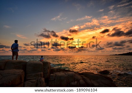 Man Relaxing at Sea Sunset Background