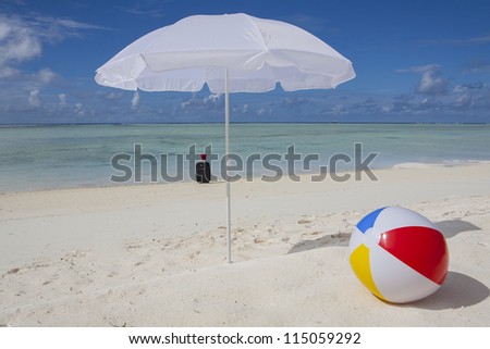 trolley case with sun hat, beach ball and sunshade in summer