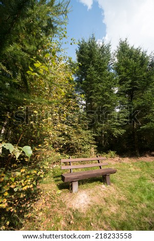 lonesome brown wooden bench on a meadow in front of the tress of a forest in late summer,  inviting to relax. concept for relaxation, nature, hiking, healthy lifestyle, avoiding stress