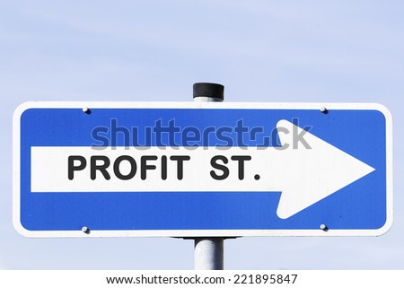 blue and white one-way street sign on a metal mast in front of the blue sky. Profit Street is written on the white arrow. Business concept for success and motivation.