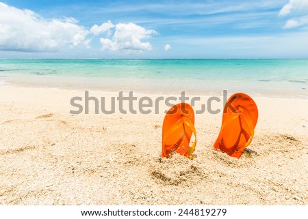 travel background with a pair of orange flip-flops in the sand of a beautiful beach, Mauritius, Africa