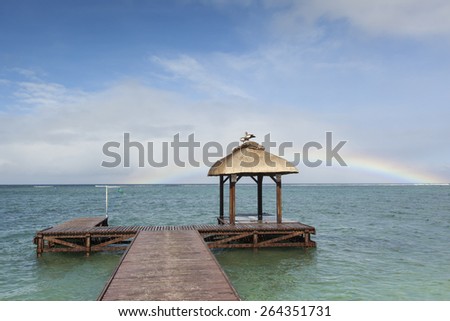 two egyptian goose on a straw hut at the end of a jetty over the sea and a rainbow under the blue sky, Mauritius, Africa