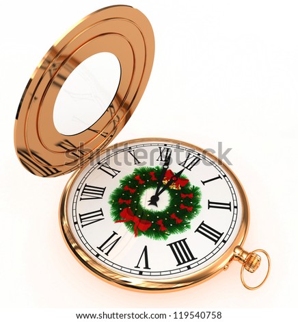 3D gold pocket clock with Christmas wreath isolated on white