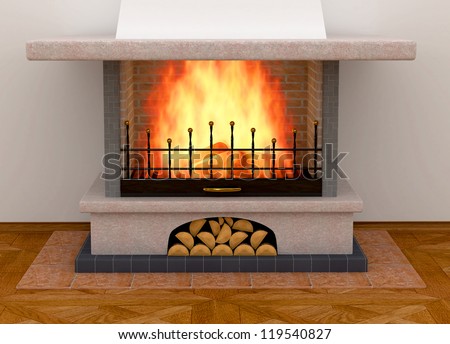 Simple clean brick fireplace with a single fire log burning out to give heat
