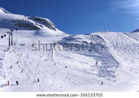 Hintertux Glacier with skiers, ski lifts, gondolas, ski runs and pistes in Zillertal Alps in Austria