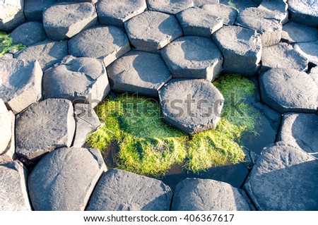 Giants Causeway. Unique geological hexagonal formations of volcanic basalt rocks on the coast in Northern Ireland, UK