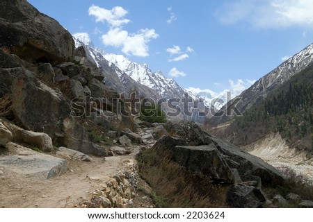 Footpath in the valley of Ganga river in Indian Himalayas. It leads to Gomukh glacier, source of Ganga.