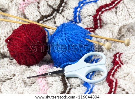 Knitting set with woolen thread, knitting needle and scissors
