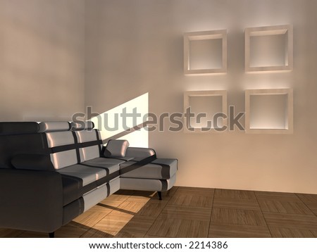sofa of brown color, inundated a sunlight from a window, on a background the homogeneous painted wall
