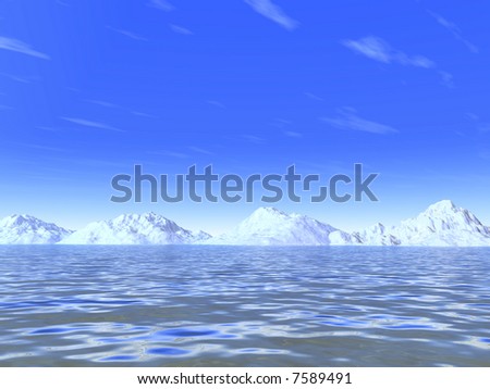 snow-white cold mountains on a background marine waves and sky