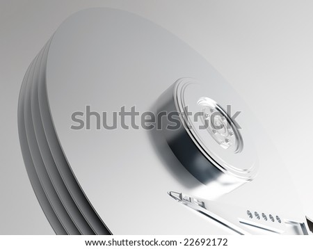 Model of metal plates and reading out head of a hard disk on a neutral background