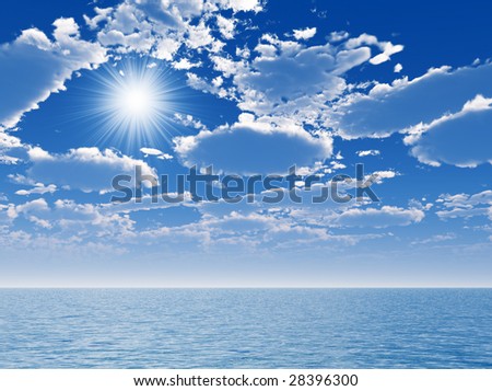 cloudy blue sky and sun above a blue surface of the sea