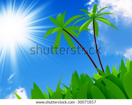 funny palms on a background sun sky and green grass