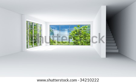 empty light room with large windows and stair