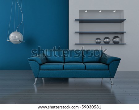 interior in blue tones with a sofa and lamp