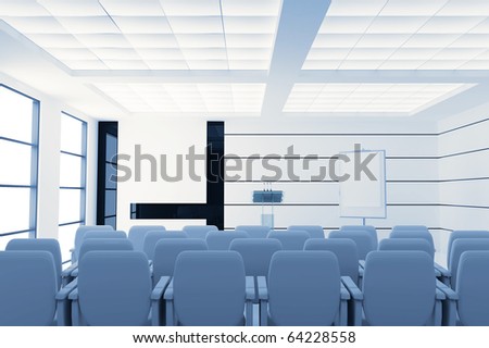 empty modern conference room with microphones and visual board and chairs