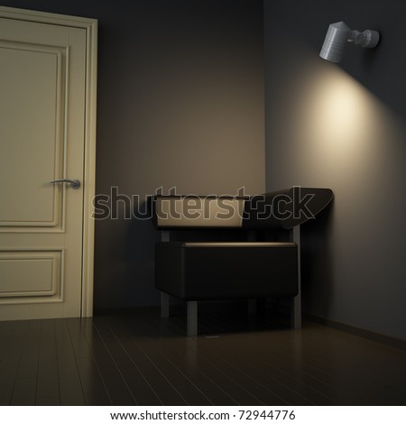 Dark interior with door and sofa and light from electric lamp