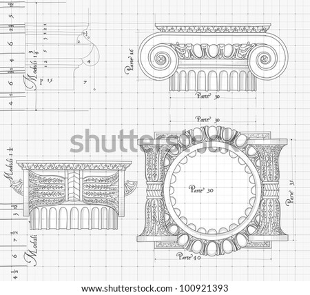 Blueprint - hand draw sketch ionic architectural order based \