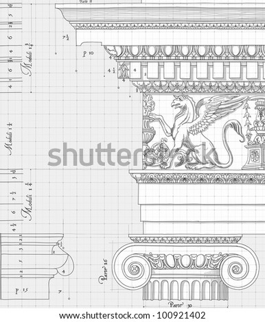 Blueprint - hand draw sketch ionic architectural order based \