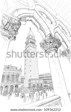 Venice Piazza San Marco and Kampanila View from the Doge's Palace Vector drawing Venice Piazza San Marco and Kampanila View from the Doge's Palace Vector drawing
