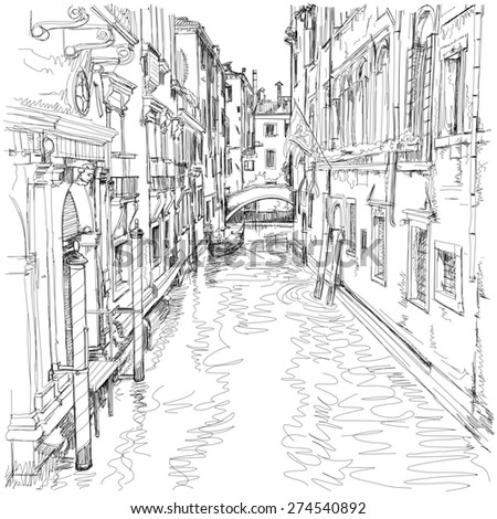 Venice - water canal, old buildings & gondola away. Black & white sketch