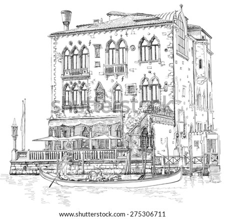 Venice - Grand Canal. Ancient building & gondola. Black & white sketch