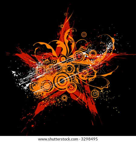 stock vector : red star on black background and orange grunge flowers 