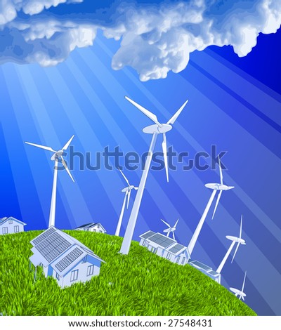 ecology concept: wind-driven generators, houses with solar power systems, blue sky & green grass
