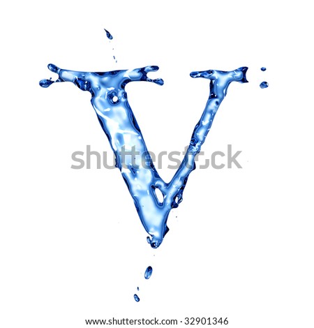 stock photo Blue liquid water alphabet with splashes and drops letter V