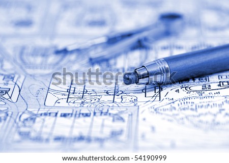 architecture blueprint and work tools - pencil, compass