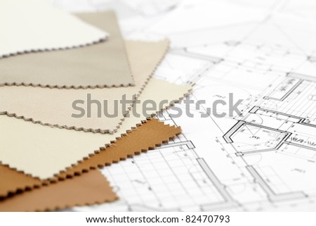 color samples of architectural materials - leather  & architectural drawings of the modern house