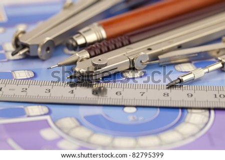 Architecture plan of interior & work tools - ruler, pencil, compass