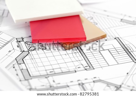 color samples of architectural materials - plastics,  and architectural drawings of the modern house