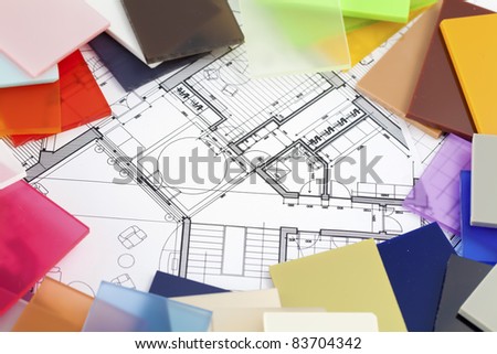 color samples of architectural materials - plastics, and architectural drawings of the modern house