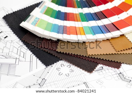 color samples of architectural materials and architectural drawings of the modern house