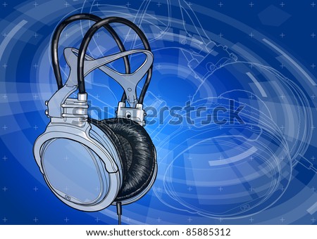 Headphones on blue technology background. Bitmap copy my vector ID 81612337