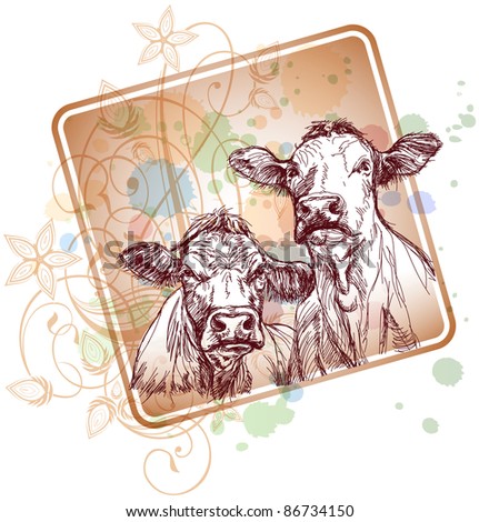 two cows hand draw sketch  & floral calligraphy ornament - a stylized orchid, color paint background. Bitmap copy my vector ID 71330386