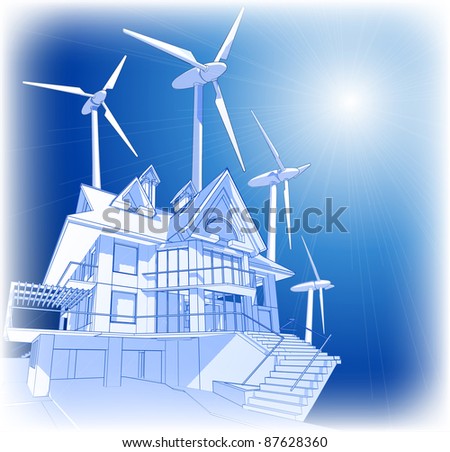 Ecology concept: wind-driven generators & house with solar power systems. Bitmap copy my vector