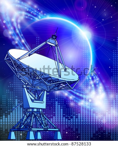 satellite dishes antenna - doppler radar, blue planet & electromagnetic waves - technology background. Bitmap copy my vector id 74035981
