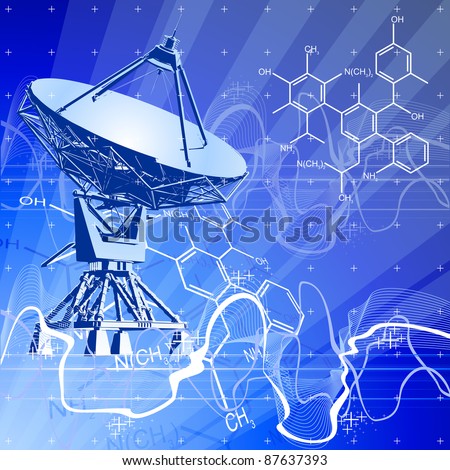 satellite dishes antenna (doppler radar), digital wave chemical formulas & blue technology background. Bitmap copy my vector ID 29591779