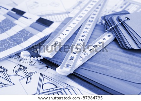 samples of architectural materials - plastics,  and architectural drawings of the modern house