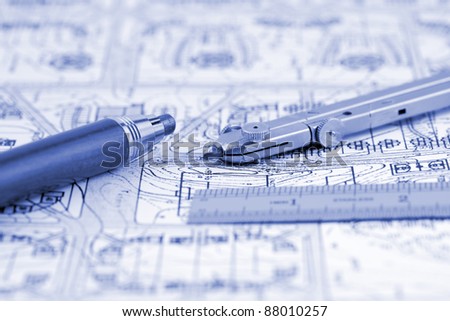Architecture plan of interior & work tools - ruler, pencil, compass