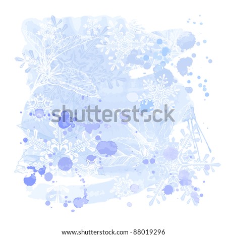Blue grunge watercolor paint background, flowers & snowflakes. Bitmap copy my vector id 16019224