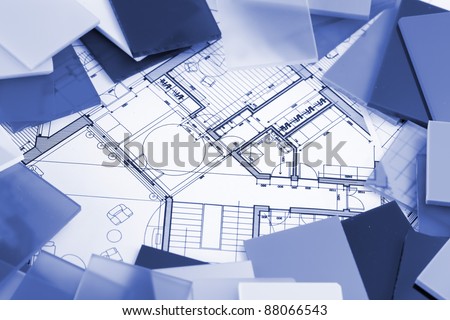 samples of architectural materials - plastics,  and architectural drawings of the modern house