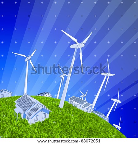 Ecology concept: wind-driven generators, houses with solar power systems, blue sky & green grass. Bitmap copy my vector id