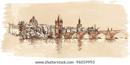 Panorama of Prague. View of Charles Bridge and the Vltava river embankment. Bitmap copy my vector