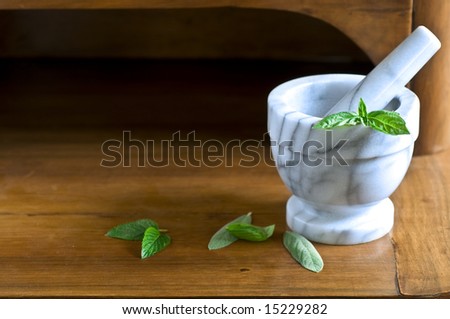 mortar and pestle and some leaves on a wooden surface.