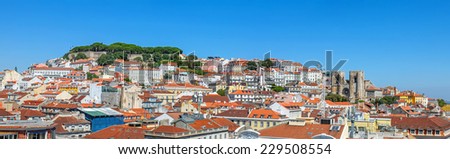 Panorama of the oldest part of Lisbon showing Alfama, Mouraria and Castelo districts and the Sao Jorge Castle and Lisbon Cathedral Se. Lisbon, Portugal