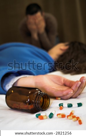 woman suicide with pills with man crying